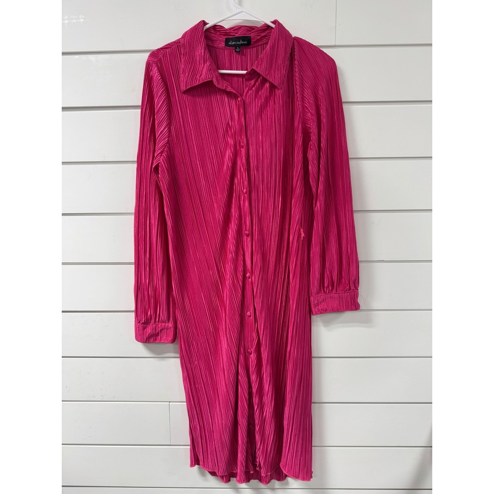 Alison Andrews Hot Pink Plisse Button Down Midi Shirt Dress Womens Large